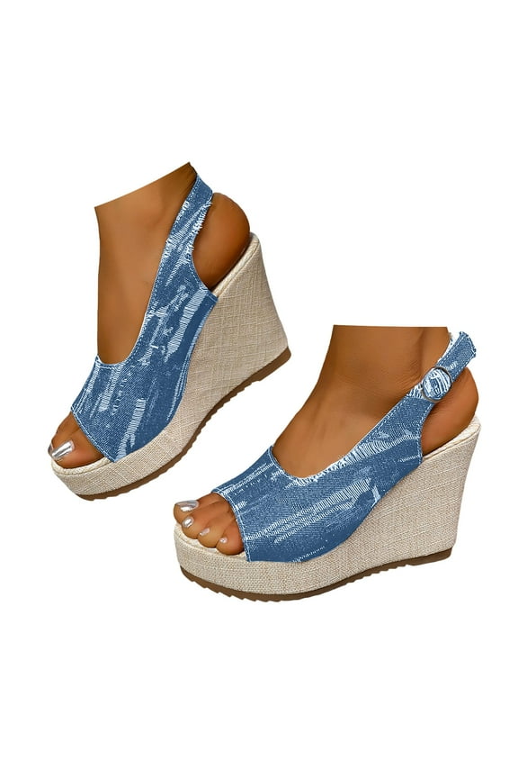 Orthopedic Platform Wedge Sandals for Women 2025 Peep Toe Denim Summer Dressy Slip on Shoes