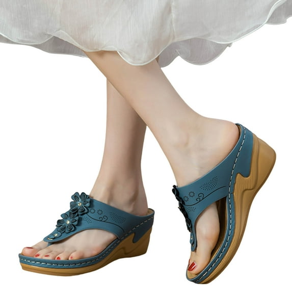 Mepaouo Orthopedic Sandals for Women Arch Support Platform Wedge Flip Flops Walking Slip on Shoe Size 7
