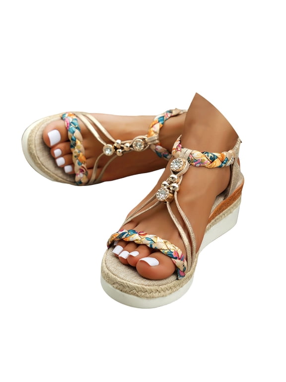 Womens Low Wedge Heels Sandals Casual Bohemian Wide Width Platform Slip on Walking Shoes