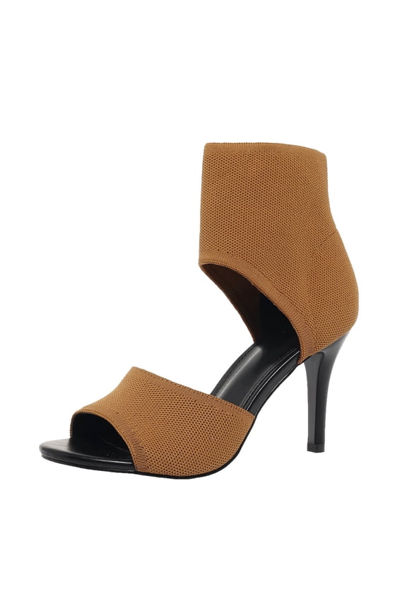Peep Toe Heels for Women Sexy Stiletto High Heels Dressy Slip on Knit Booties Sandals(Brown,9)