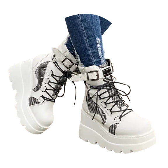 Mepaouo Platform Ankle Boots for Women Chunky High Heel Booties Goth Round Toe Combat Motorcycle Punk Shoes