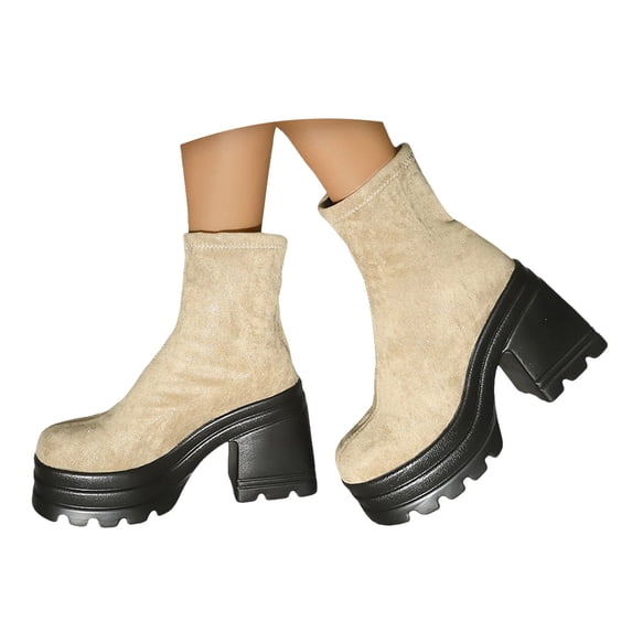 Mepaouo Platform Ankle Boots for Women High Heel Slip on Fashion Chelsea Combat Booties(Khaki,8)