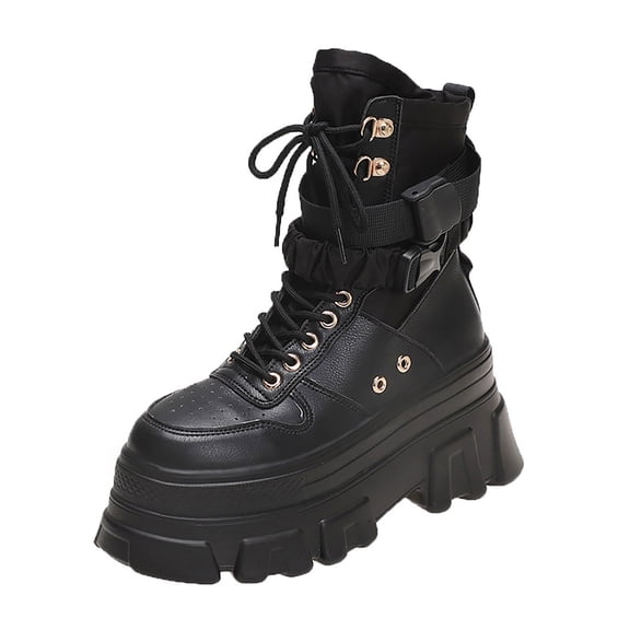 Mepaouo Platform Ankle Boots for Women High Heel Booties Goth Round Toe Combat Boots(Black,7)