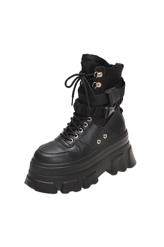 Platform Ankle Boots for Women High Heel Booties Goth Round Toe Combat Boots(Black,7)