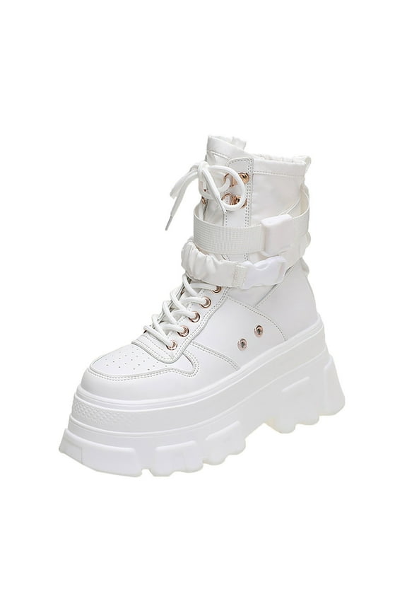Platform Ankle Boots for Women High Heel Booties Goth Round Toe Combat Boots(White,6.5)