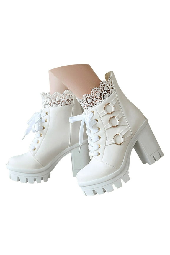 Platform Boots for Women Goth Bead Lace Lolita Dress Ankle Booties with Zipper