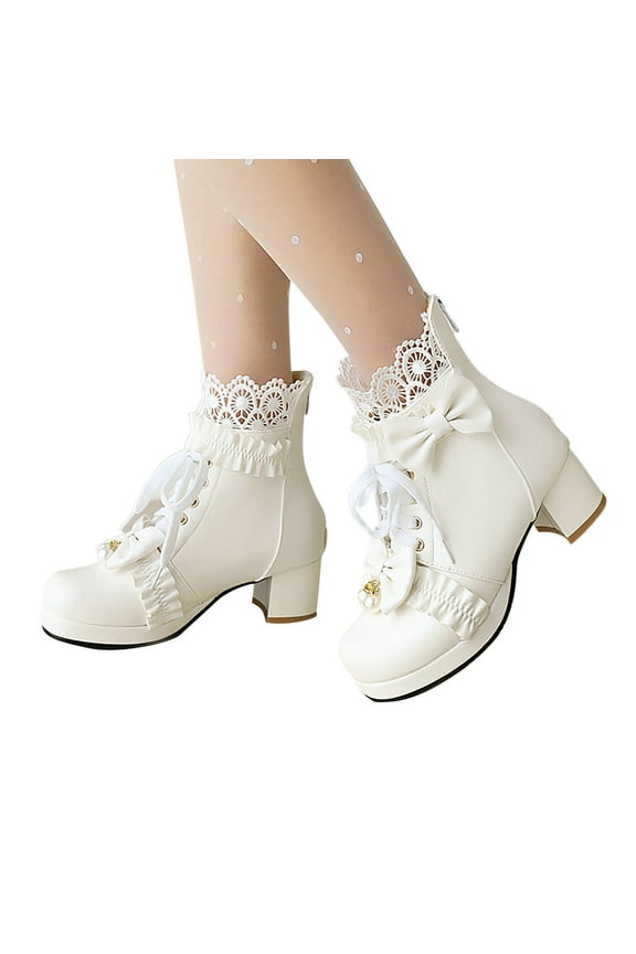 Platform Boots for Women Goth Bead Lace Lolita Dress Shoes Zipper Ankle Booties