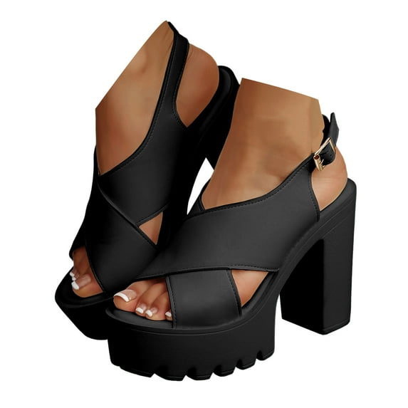 Mepaouo Platform Heels for Women Peep Toe Chunky Heeled Sandals Cross Band Slingback Dressy Shoes