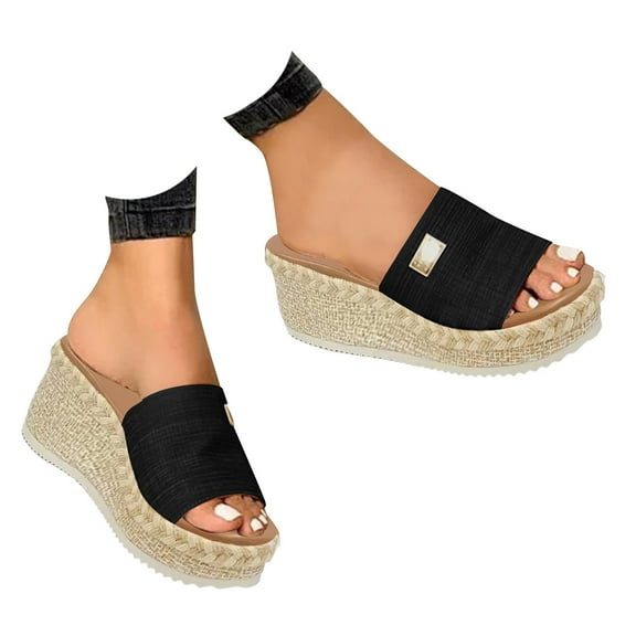 Mepaouo Platform Sandals Women Slip on Espadrille Wedges Slides Bohemia Open Toe Beach Shoes(Black,10)