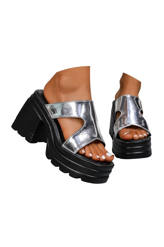 Platform Sandals for Women Leather Dressy Low Chunky Slides Summer Beach Slip on Slippers