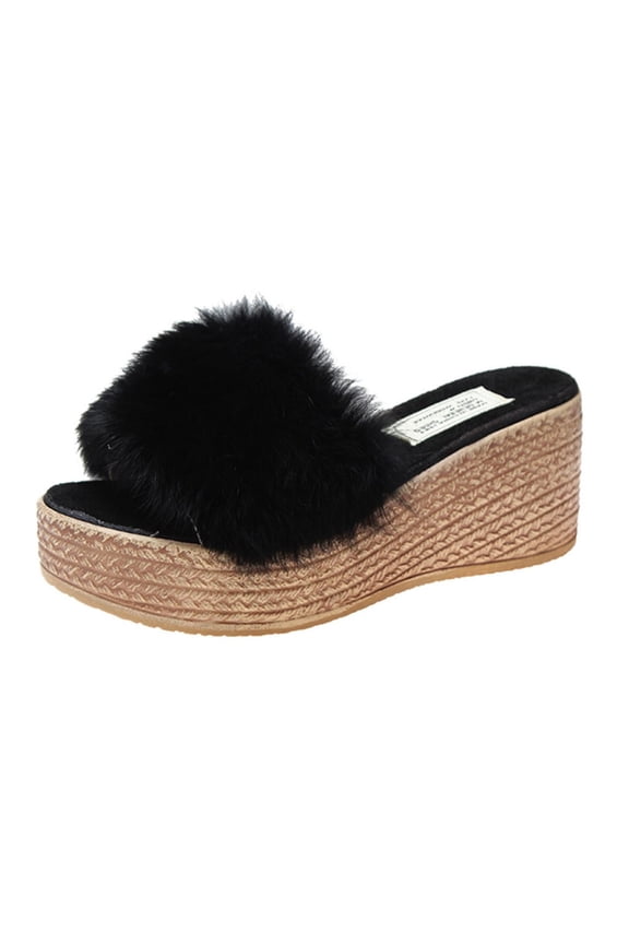 Platform Slip on Espadrille Sandals for Women Bohemia Open Toe Wedges Slides Beach Shoes(Black,8)