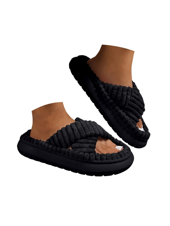 Platform Slippers for Women Corduroy Crossbands Open Toe Slides Indoor Outdoor House Bedroom Shoes