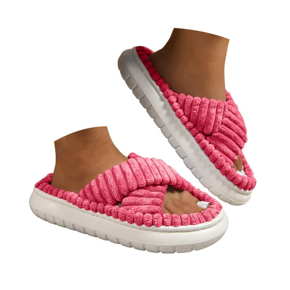 Mepaouo Platform Slippers for Women Corduroy Crossbands Open Toe Slides Indoor Outdoor House Bedroom Shoes