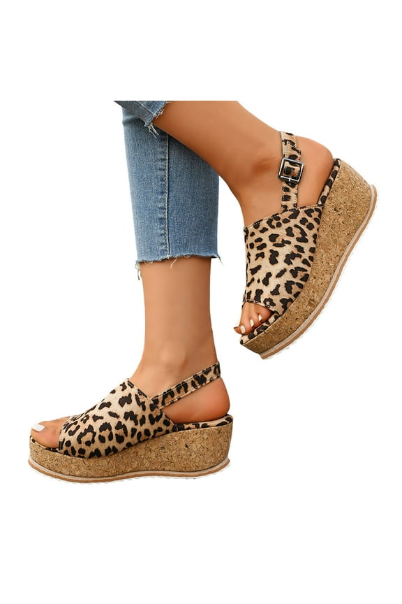 Platform Wedge Sandals for Women 2025 Arch Support Leopard Slingback Summer Slide Shoes Brown 7