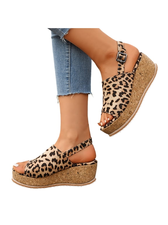Platform Wedge Sandals for Women 2025 Arch Support Leopard Slingback Summer Slide Shoes Brown 9.5