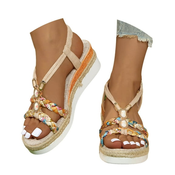 Mepaouo Platform Wedge Sandals for Women Espadrilles T Strap Walking Shoes Open Toe Slip on Sandal