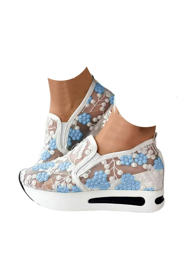Platform Wedge Sneakers for Women Embroidery Floral Mesh Air High Heels Slip on Loafers Shoes