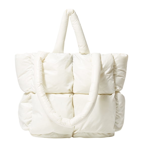 Mepaouo Puffer Tote Bag for Women Large Quilted Lightweight Satchel Purse for Work Travel Gym Shop(White)