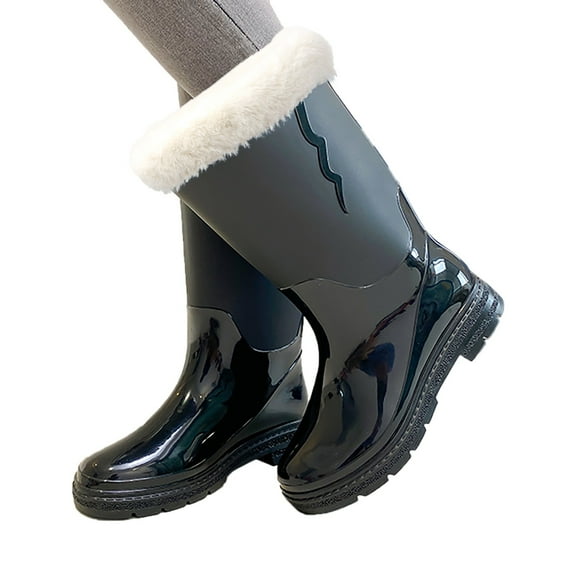 Mepaouo Rain Boots for Women Waterproof Winter Warm Cute Garden Shoes Non Slip Mid Calf Rainboots