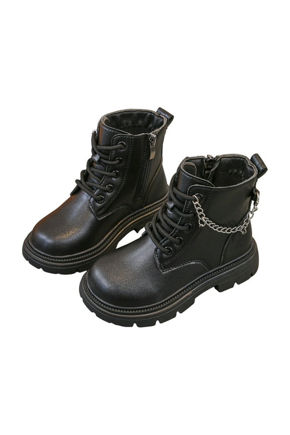 Retro Girls Ankle Boots Side Chain Lace up Combat Boots Winter Soft Walking Booties(Black,29)
