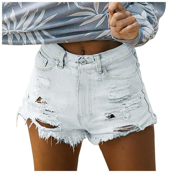 Mepaouo Ripped Jean Shorts for Women Mid Rise Frayed Raw Hem Tassel Stretchy Denim Shorts(Blue,L)