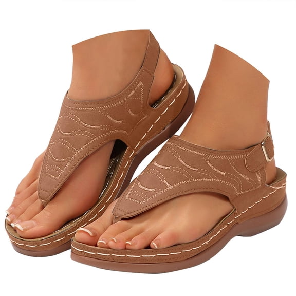 Mepaouo Sandals Womens Open Toe Ankle Strap Thong Flip Flops Orthopedic Dressy Sandals Shoe(Brown,9.5)