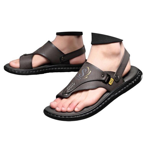 Mepaouo Sandals for Men Adjustable Strap Summer Beach Flip Flops Leather Open Toe Casual Flats Shoes