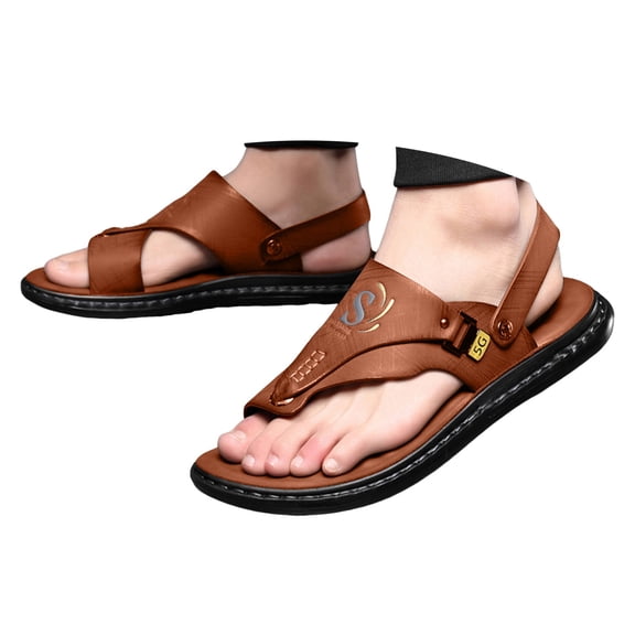 Mepaouo Sandals for Men Adjustable Strap Summer Beach Flip Flops Leather Open Toe Casual Flats Shoes