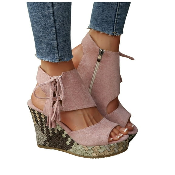 Mepaouo Suede Wedge Sandals for Women Summer Open Toe Platform Walking Shoes Tassel Ankle Dress Boots
