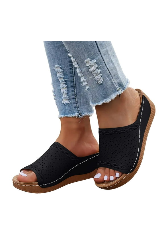 Summer Sandals for Women 2025 Platform Wedge Slides Arch Support Casual Walking Shoes Black 6