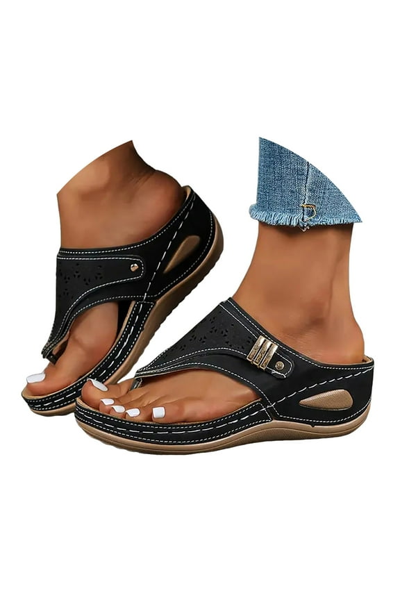 Orthopedic Sandals for Women Arch Support Wedge Flip Flops Cushion Platform Thong Slip on Sandal Black