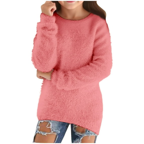 Mepaouo Sweaters for Girls Fashion Casual Long Sleeve Pullovers Loose Fluffy Fuzzy Winter Clothes Pink 11-12 Years