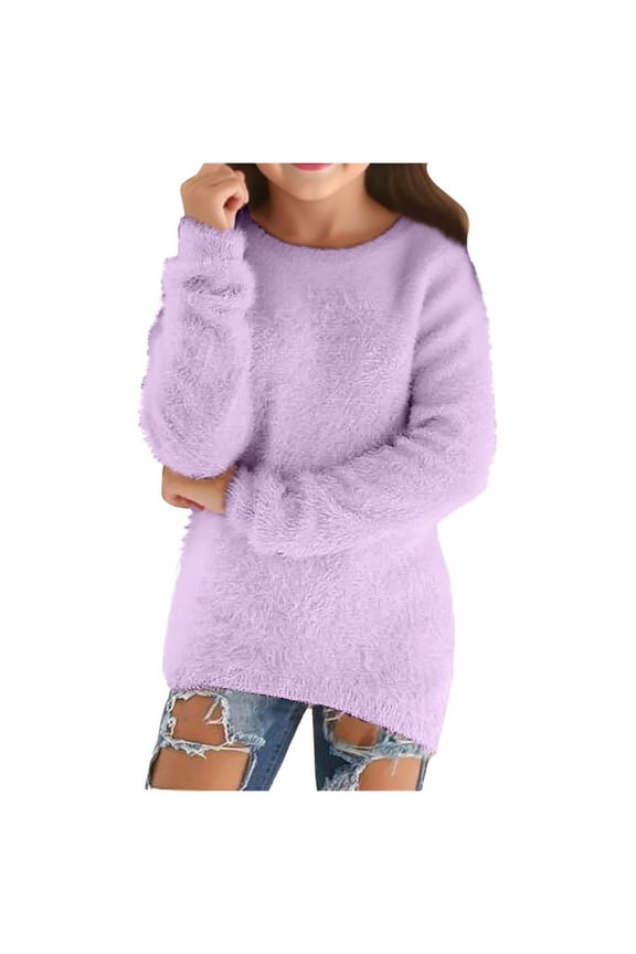 Sweaters for Girls Fashion Casual Long Sleeve Pullovers Loose Fluffy Fuzzy Winter Clothes Purple 5-6 Years