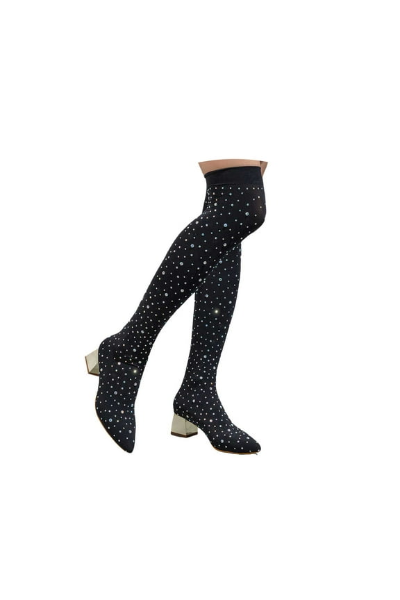 Thigh High Knit Sock Boots for Women Rhinestone Chunky Heel Pointed Toe Over the Knee Boot
