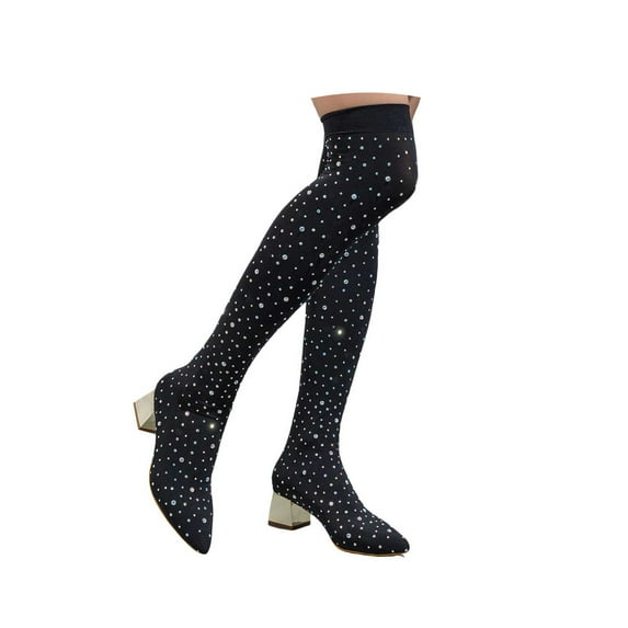 Mepaouo Thigh High Knit Sock Boots for Women Rhinestone Chunky Heel Pointed Toe Over the Knee Boot