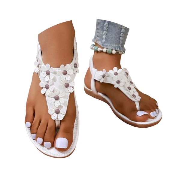 Mepaouo Thong Flat Sandals for Women Casual T-Strap Dress Slip on Shoes Elastic Band Flip Flops White 7