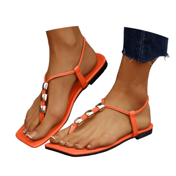 Mepaouo Thong Sandals for Women Square Toe Beach Flip Flops Ankle Strap Slip on Flat Walking Shoes