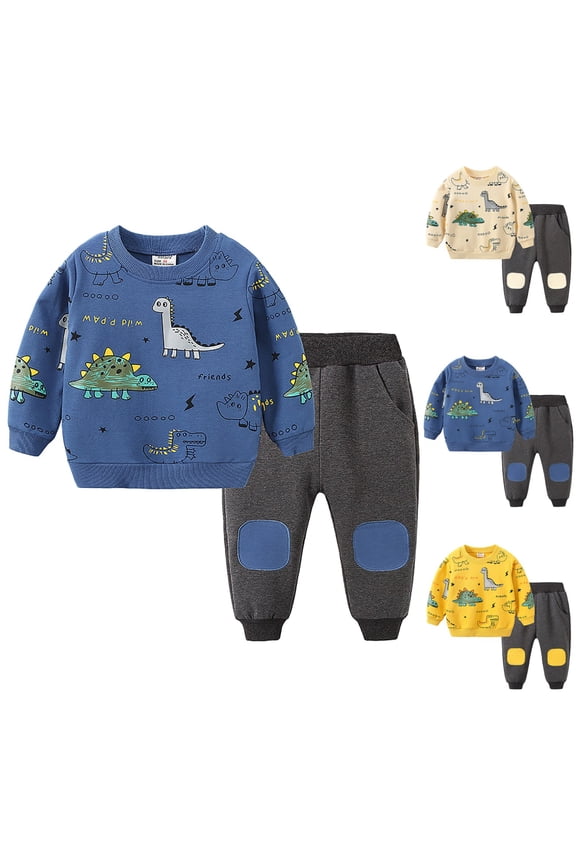 Toddler Boys Cartoon Dinosaur Outfits Crew Neck Sleeve Sweatshirts and Pants Pajamas Clothes Set 2Pcs 5-6T