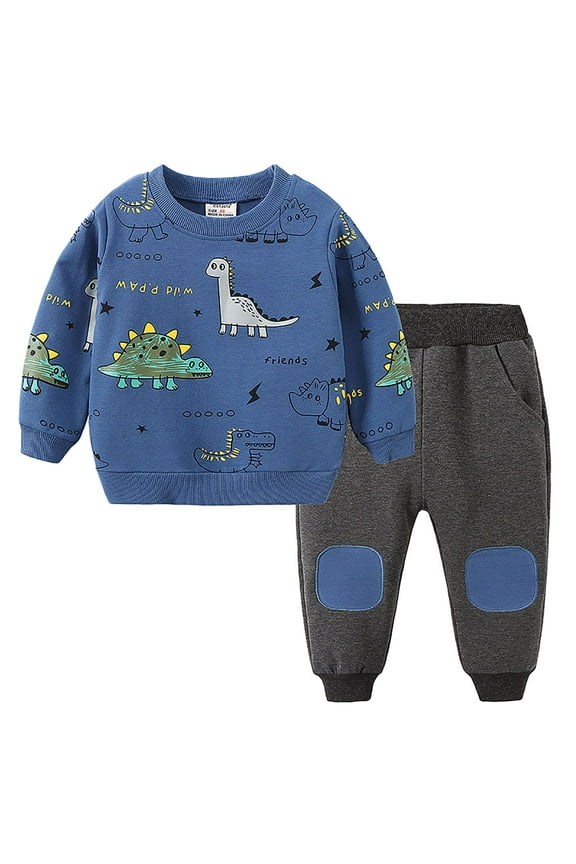 Toddler Boys Cartoon Dinosaur Outfits Crew Neck Sleeve Sweatshirts and Pants Pajamas Clothes Set 2Pcs