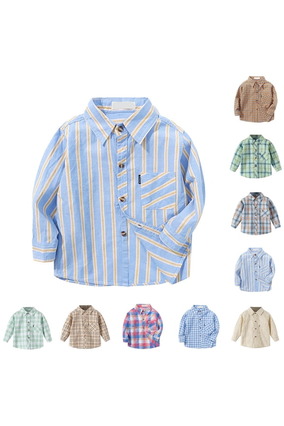Toddler Boys Plaid Shirt Kids Long Sleeve Button Jacket Lapel Oxford Casual Dress Top Beige 2-3Year