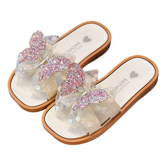 Mepaouo Toddler Girls Slides Sequin Bow Casual Flat Sandals Square Open Toe Summer Beach Shoes