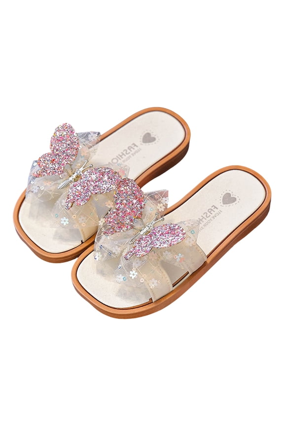 Toddler Girls Slides Sequin Bow Casual Flat Sandals Square Open Toe Summer Beach Shoes