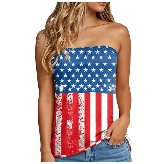 Mepaouo Tube Tops for Women Off Shoulder Strapless Tank Top American Flag Summer Vacation Bandeau Tunic