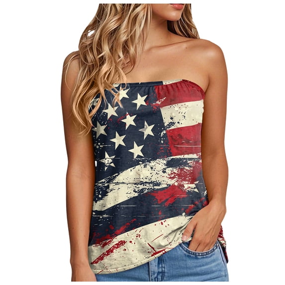 Mepaouo Tube Tops for Women Off Shoulder Strapless Tank Top American Flag Summer Vacation Bandeau Tunic