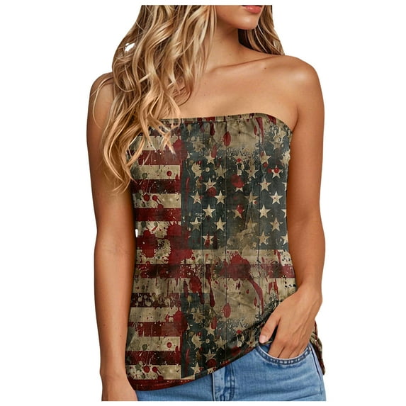 Mepaouo Tube Tops for Women Off Shoulder Strapless Tank Top American Flag Summer Vacation Bandeau Tunic