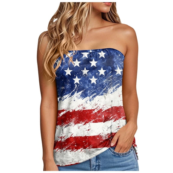 Mepaouo Tube Tops for Women Off Shoulder Strapless Tank Top American Flag Summer Vacation Bandeau Tunic