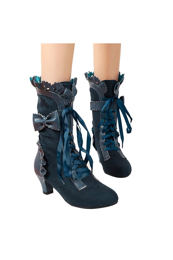 Victorian Boots for Women Ruffles Goth Lace up Mid Calf Booties Vintage Cosplay Witch Shoes