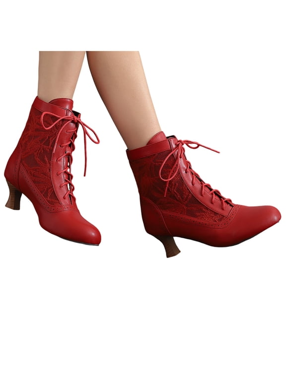 Victorian Boots for Women Vintage Granny Booties Renaissance Lace up Ankle Boots(Red,9)