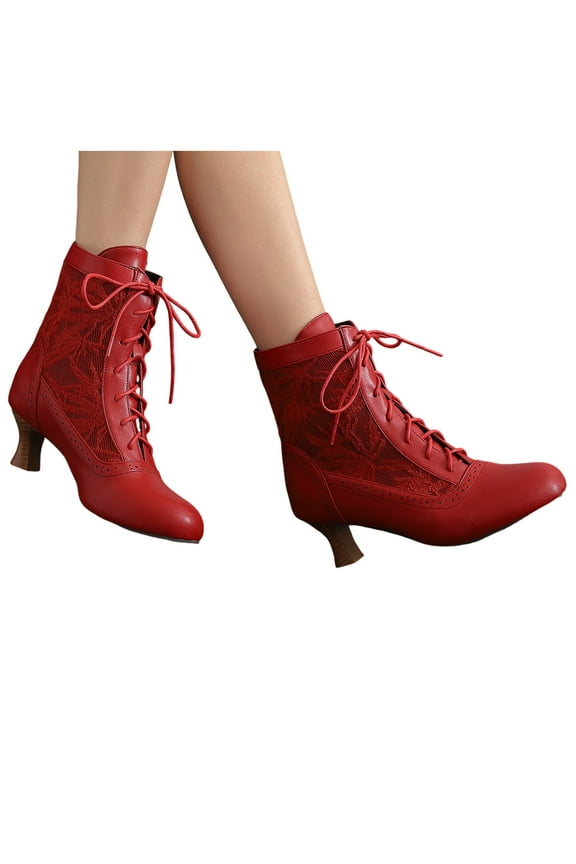 Victorian Boots for Women Vintage Granny Booties Renaissance Lace up Ankle Boots(Red,9)
