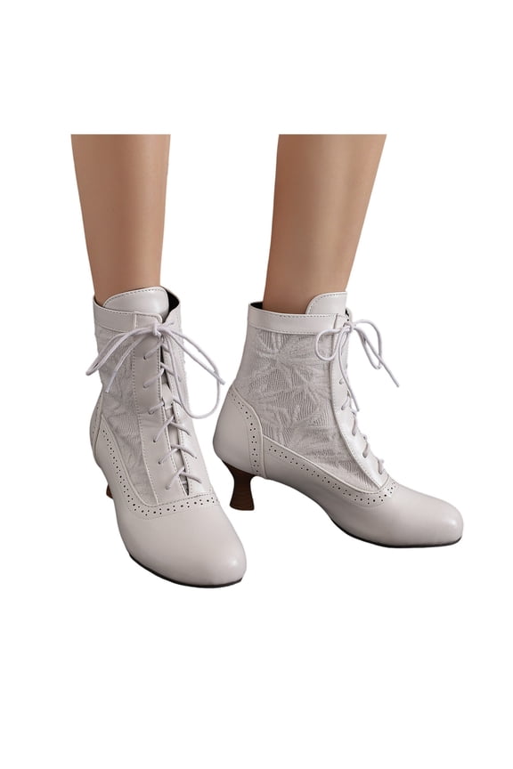 Victorian Boots for Women Vintage Granny Booties Renaissance Lace up Ankle Boots(White,6.5)